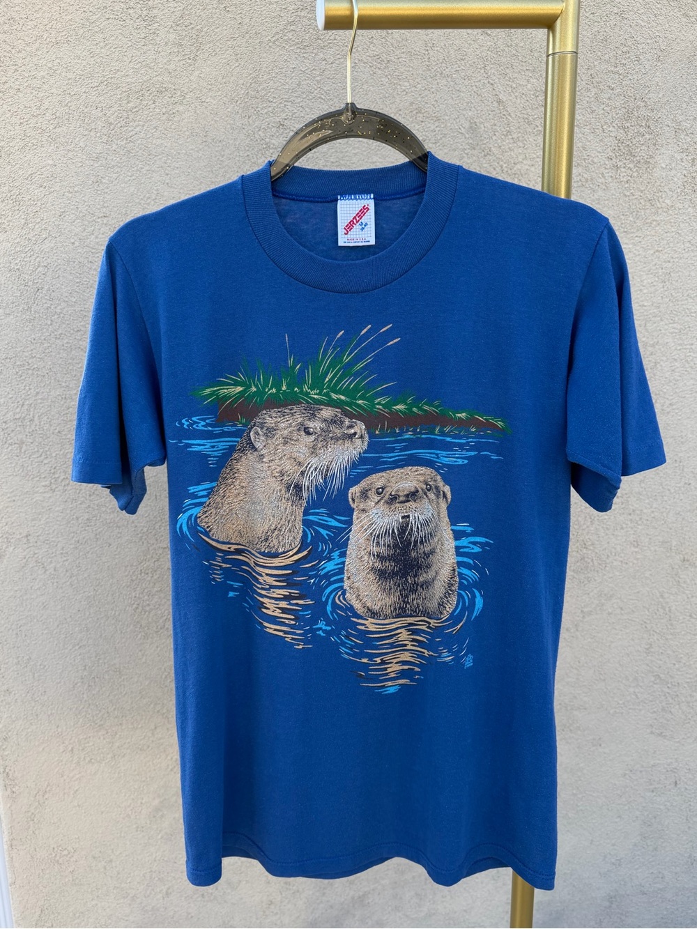 Vintage 90s Jerzees Otter Blue Graphic T-Shirt Y2K Retro Nature Animal Wildlife - Picture 4 of 8